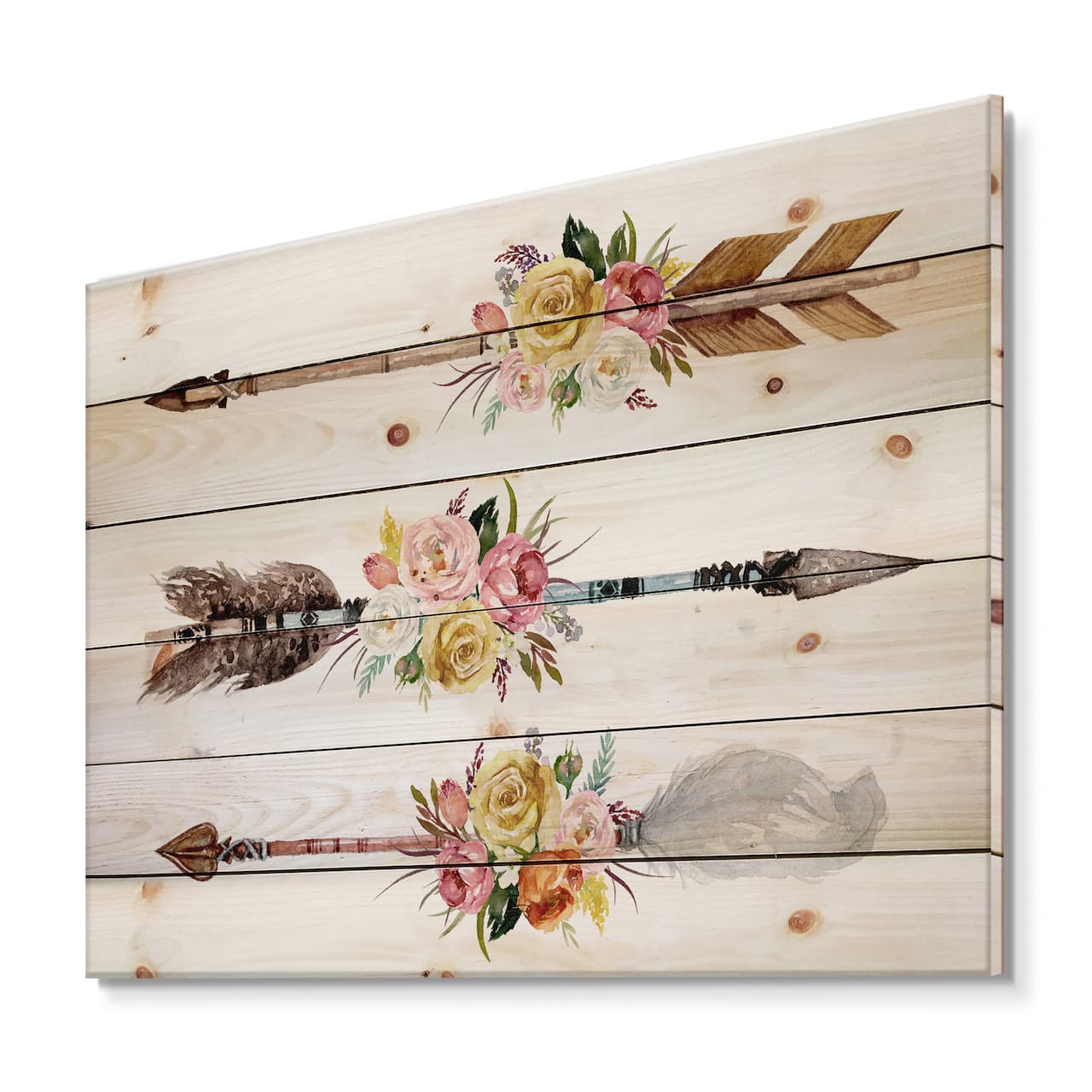 Designart - Ethnic Feathers and Flowers On Native Arrows II - Bohemian & Eclectic Print on Natural Pine Wood